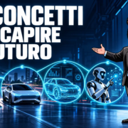 10 concetti per capire il futuro della tecnologia Gianluigi Bonanomi accanto a una dark factory con robot, auto autonoma e interfaccia HMI
