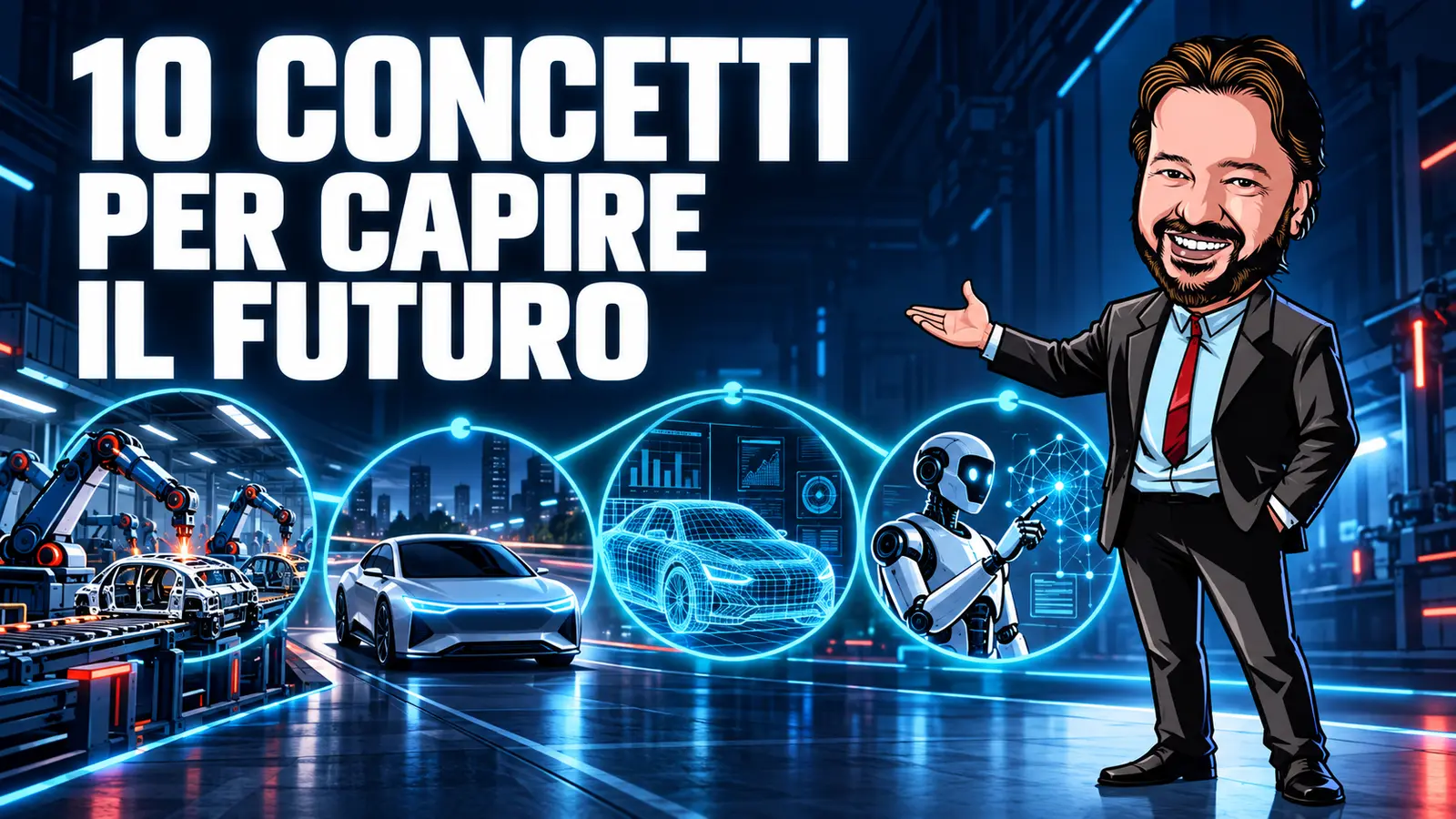 Gianluigi Bonanomi accanto a una dark factory con robot, auto autonoma e interfaccia HMI