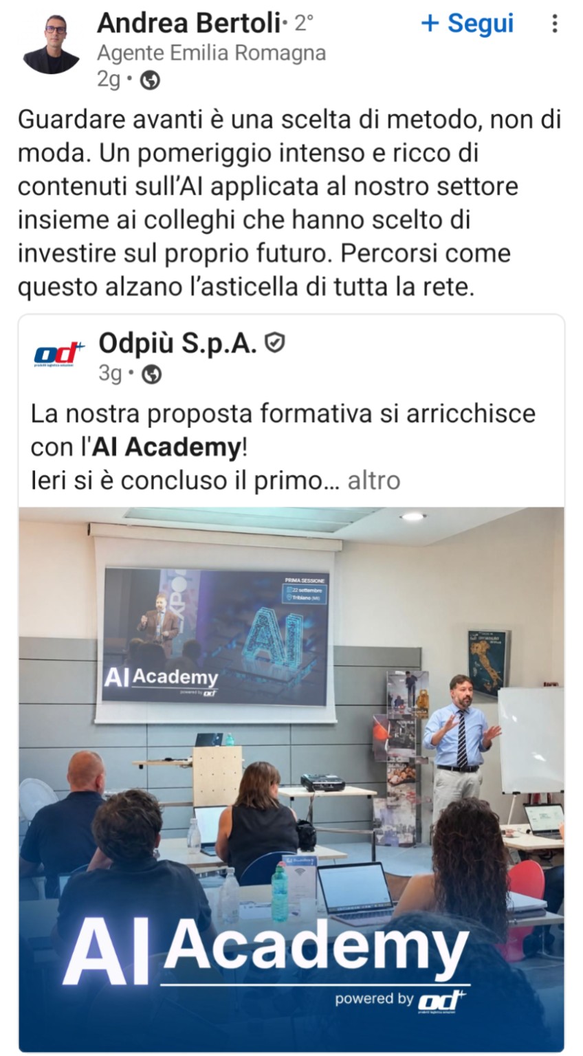 Post LinkedIn di Andrea Bertoli sull'AI Academy Odpiù con Gianluigi Bonanomi