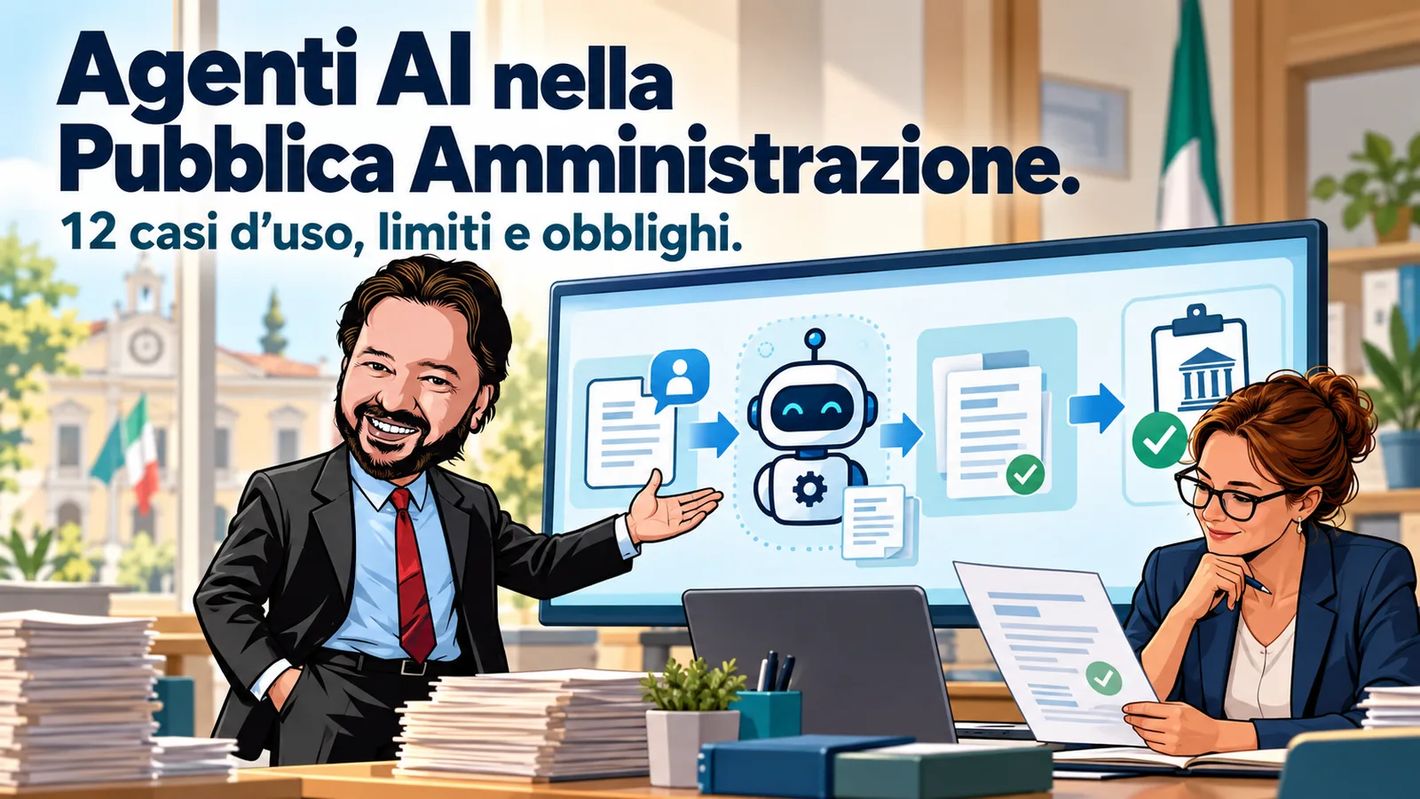 Gianluigi Bonanomi presenta un agente AI per la Pubblica Amministrazione con una funzionaria che controlla le attività.