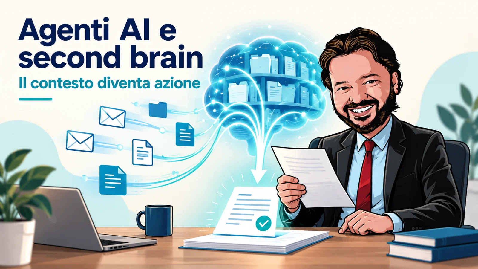 Agenti AI e second brain: avatar di Gianluigi Bonanomi controlla un preventivo con documenti ed email collegati
