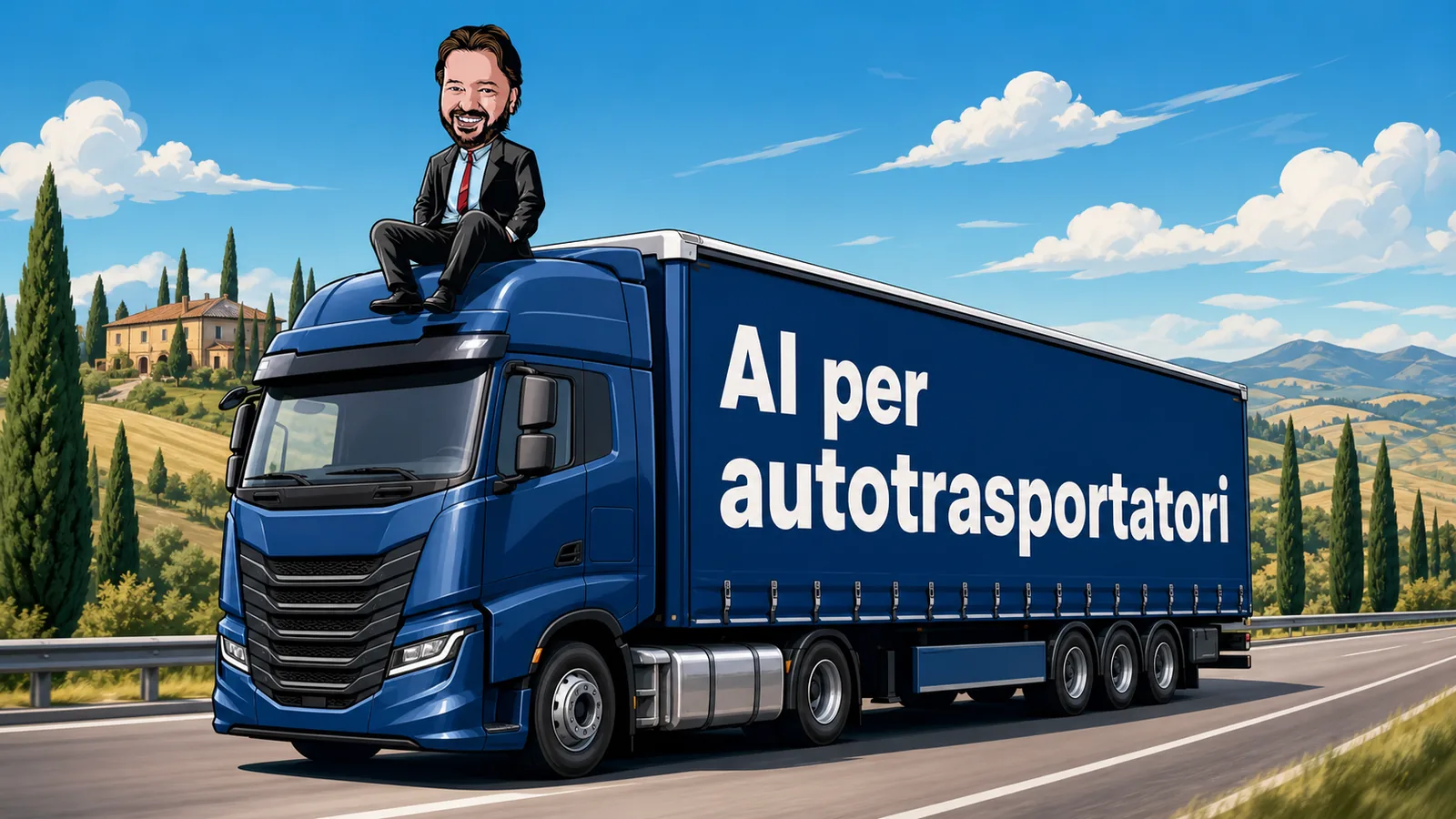Gianluigi Bonanomi su un camion con la scritta AI per autotrasportatori