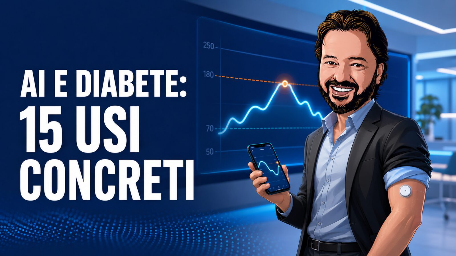 Gianluigi Bonanomi con sensore CGM e grafico glicemico: AI e diabete, 15 usi concreti