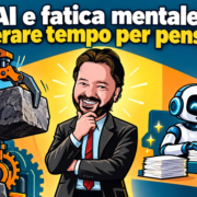 AI e fatica mentale: liberare tempo per pensare Avatar di Gianluigi Bonanomi tra una macchina che solleva un carico e un assistente AI che riordina documenti: AI e fatica mentale.