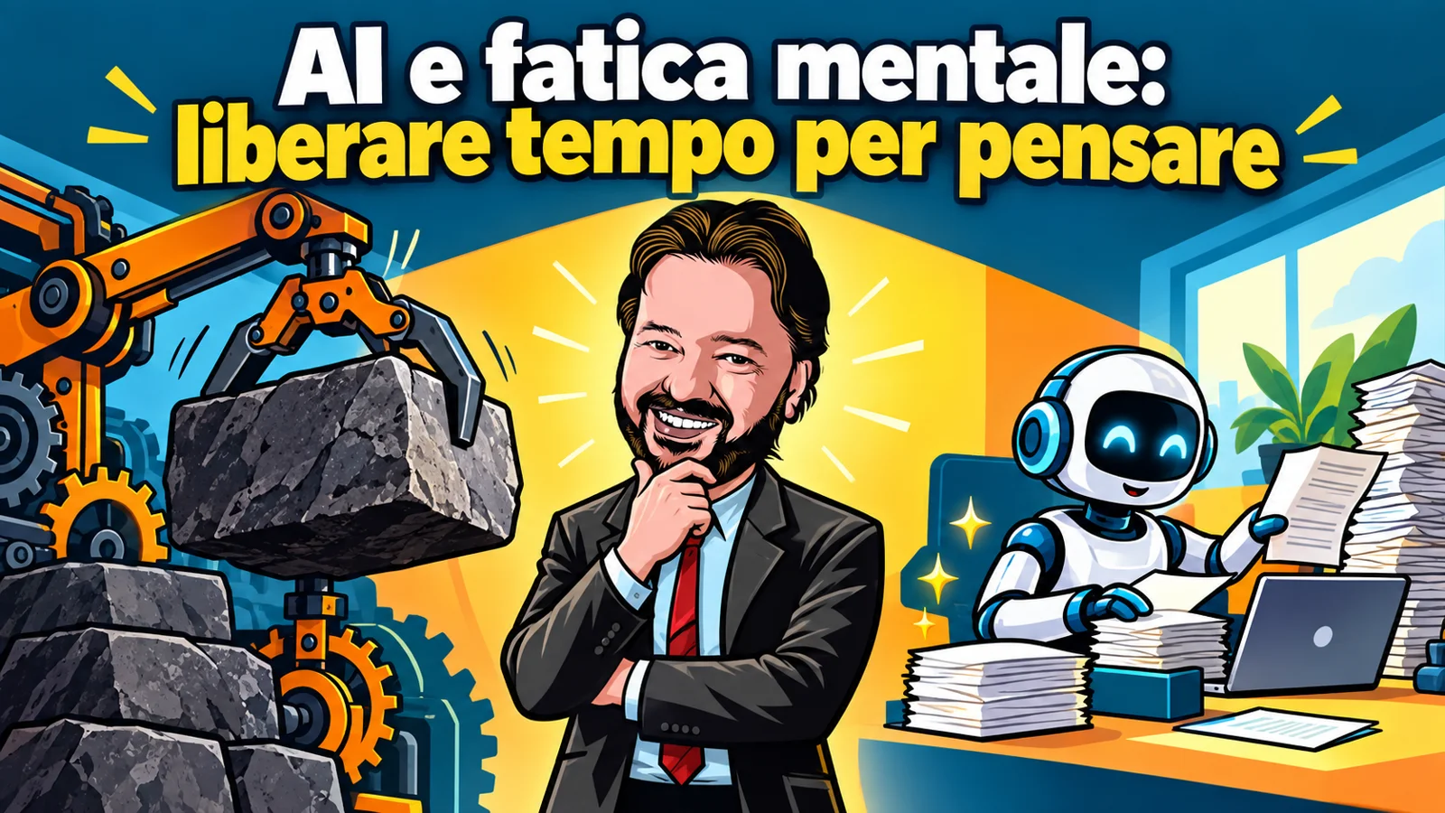 Avatar di Gianluigi Bonanomi tra una macchina che solleva un carico e un assistente AI che riordina documenti: AI e fatica mentale.
