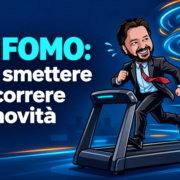 Avatar di Gianluigi Bonanomi su un tapis roulant, inseguito da notifiche sulle novità dell’intelligenza artificiale: AI e FOMO.