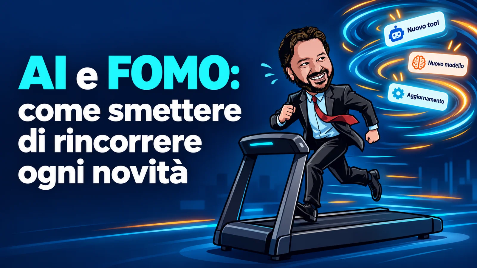 Avatar di Gianluigi Bonanomi su un tapis roulant, inseguito da notifiche sulle novità dell’intelligenza artificiale: AI e FOMO.