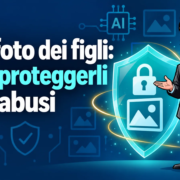 AI e foto dei figli: come proteggerli dagli abusi Avatar di Gianluigi Bonanomi accanto a uno scudo digitale che protegge un simbolo fotografico