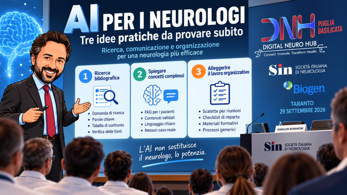 L’avatar di Gianluigi Bonanomi presenta ai neurologi tre usi dell’intelligenza artificiale generativa.