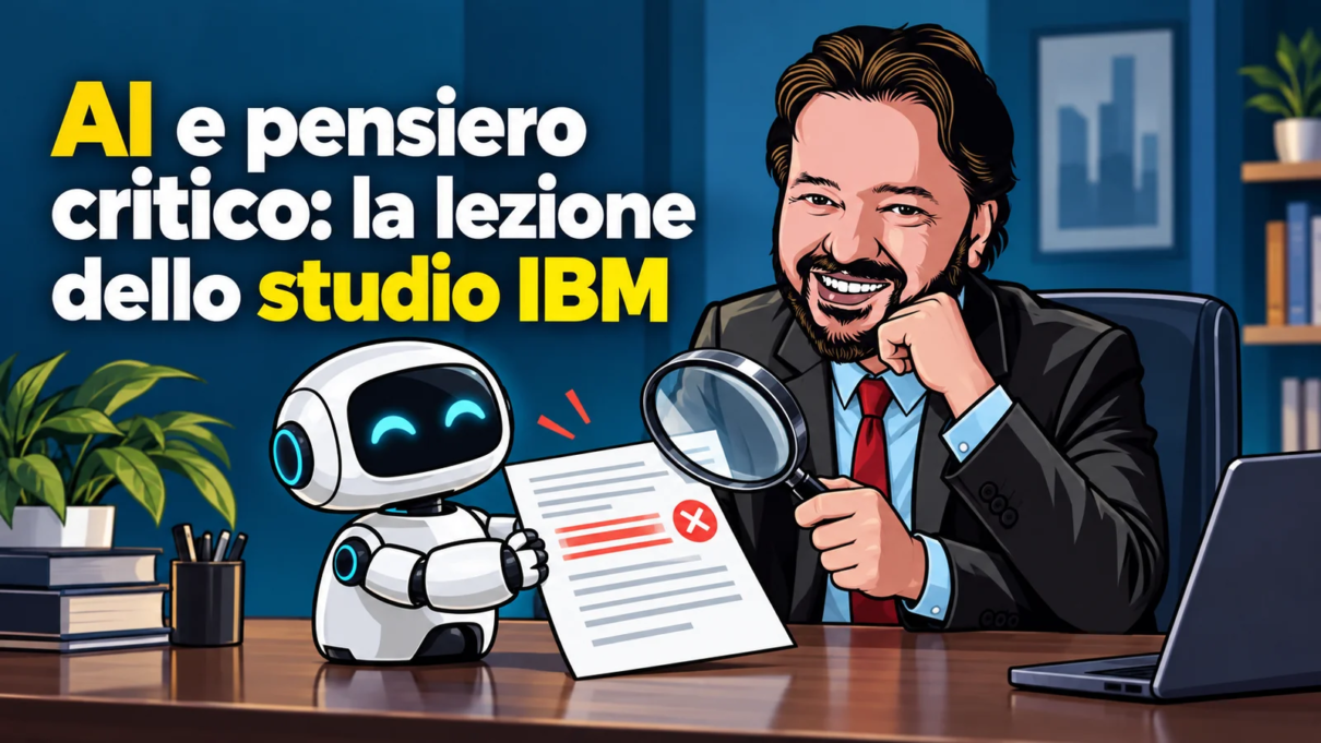 AI e pensiero critico: avatar di Gianluigi Bonanomi verifica con una lente un documento prodotto da un robot.