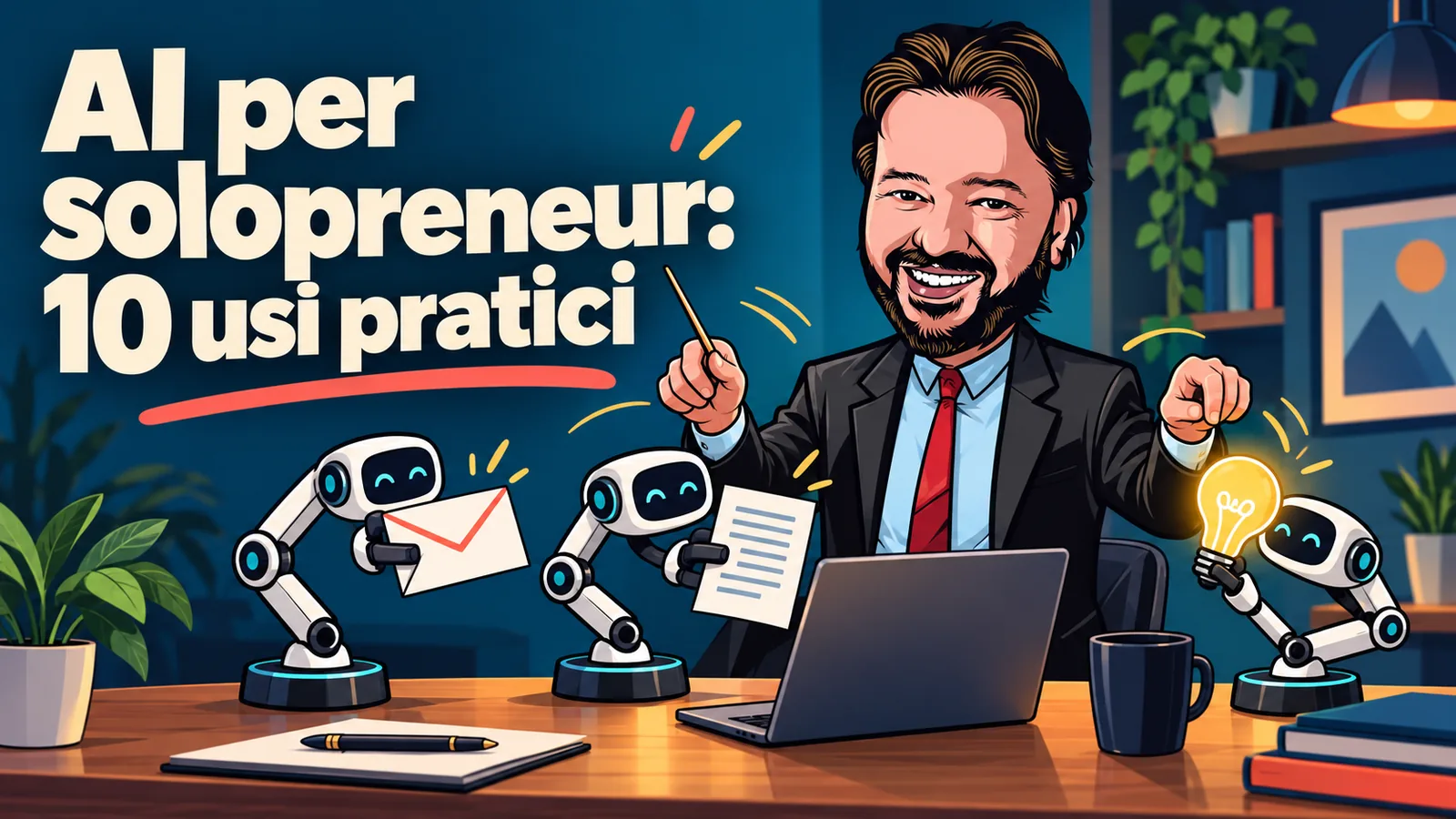 AI per solopreneur: avatar di Gianluigi Bonanomi dirige assistenti digitali alla scrivania