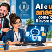 AI e ufficio anagrafe: come cambia il lavoro nei Comuni Avatar di Gianluigi Bonanomi con una dipendente comunale e un assistente AI all’ufficio anagrafe