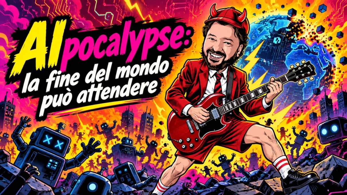 AIpocalypse: Gianluigi Bonanomi in versione chitarrista rock con corna rosse tra robot e fulmini