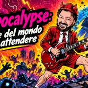 AIpocalypse: Gianluigi Bonanomi in versione chitarrista rock con corna rosse tra robot e fulmini