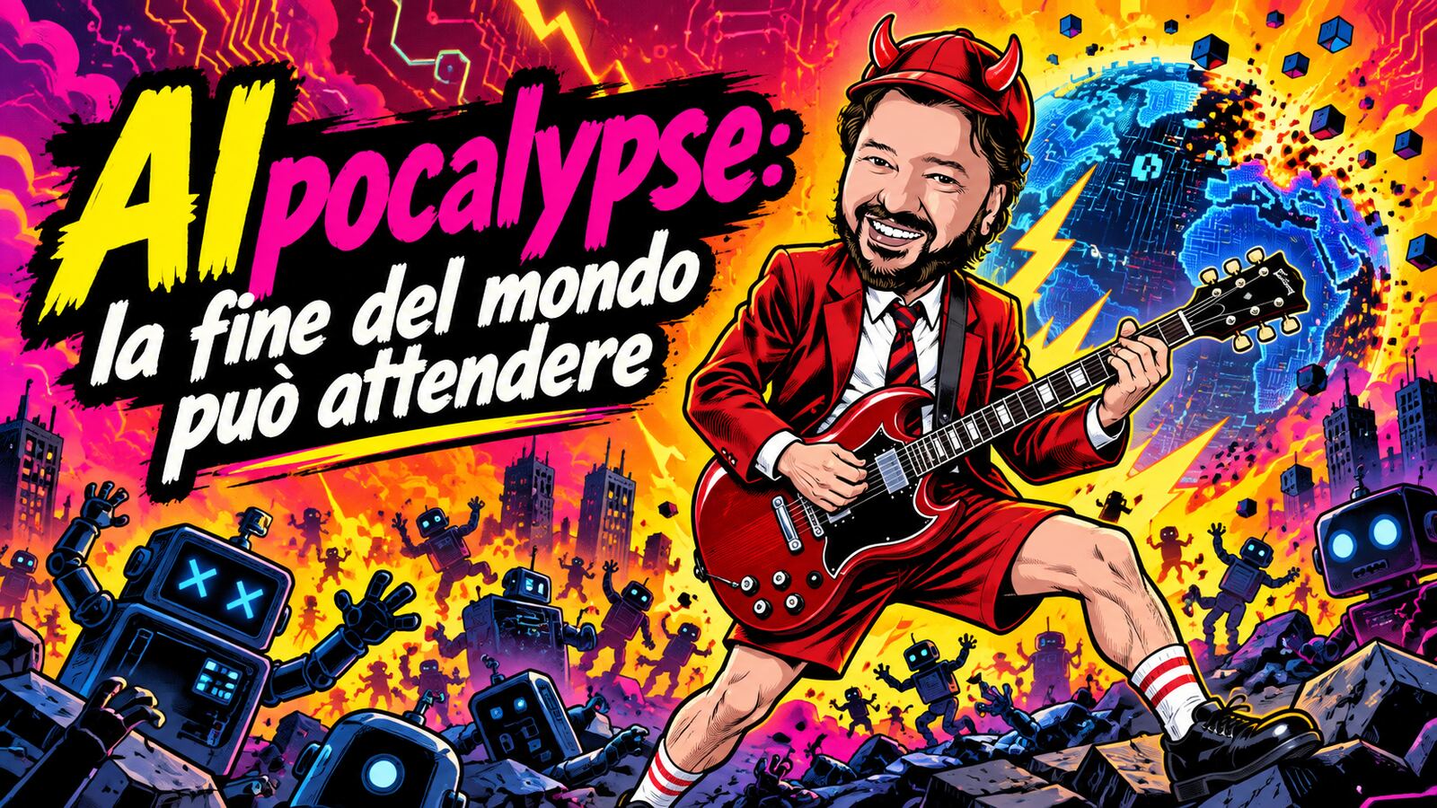 AIpocalypse: Gianluigi Bonanomi in versione chitarrista rock con corna rosse tra robot e fulmini