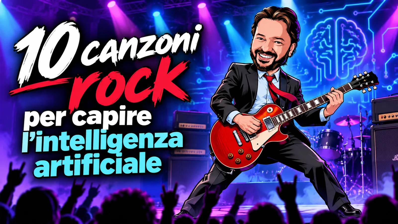 Avatar di Gianluigi Bonanomi sul palco con una chitarra elettrica, per le 10 canzoni rock sull’intelligenza artificiale
