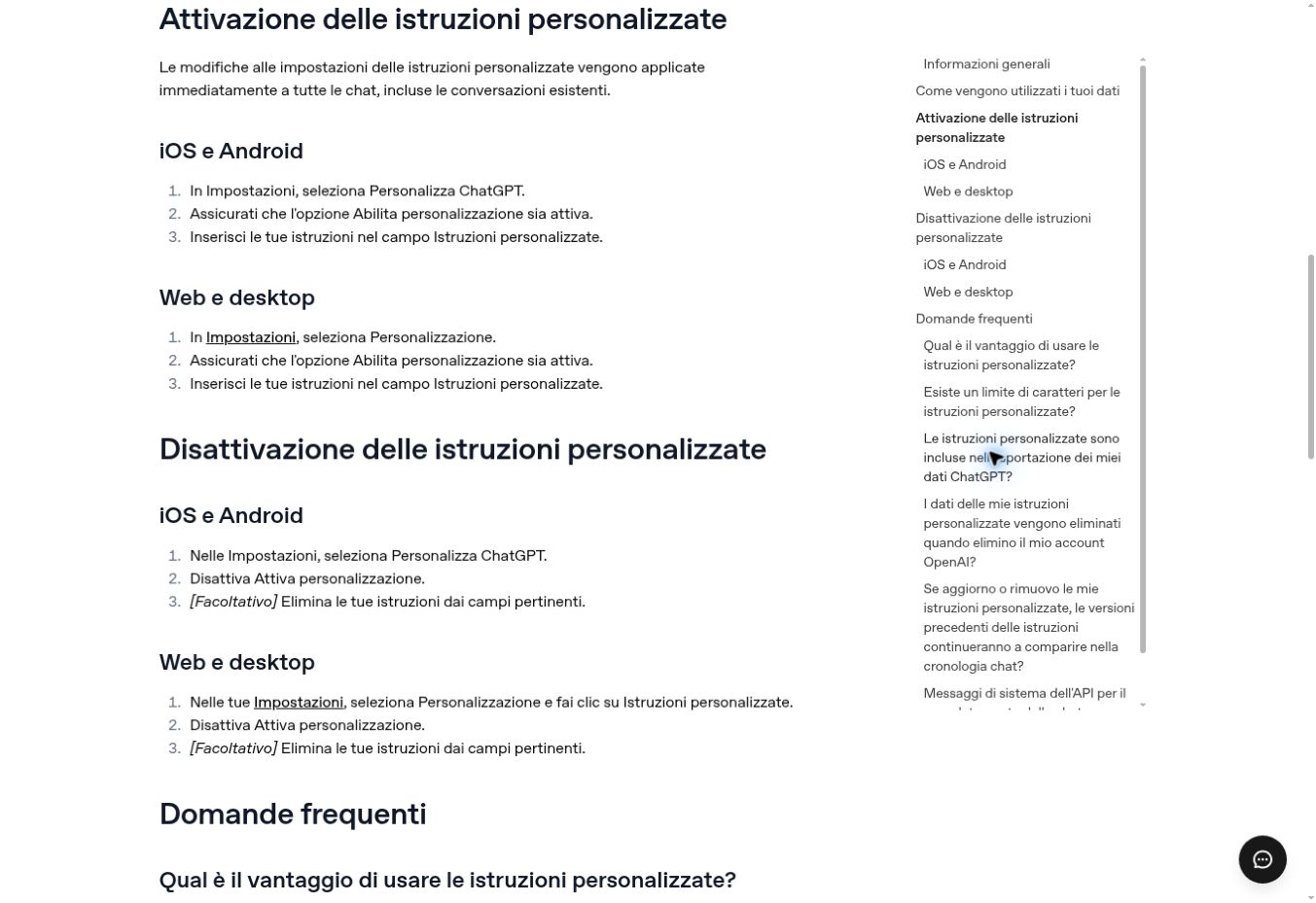 Schermata della guida ufficiale OpenAI per attivare le istruzioni personalizzate