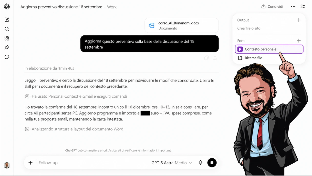 ChatGPT Work cerca gli accordi precedenti per aggiornare un preventivo con Contesto personale e Gmail