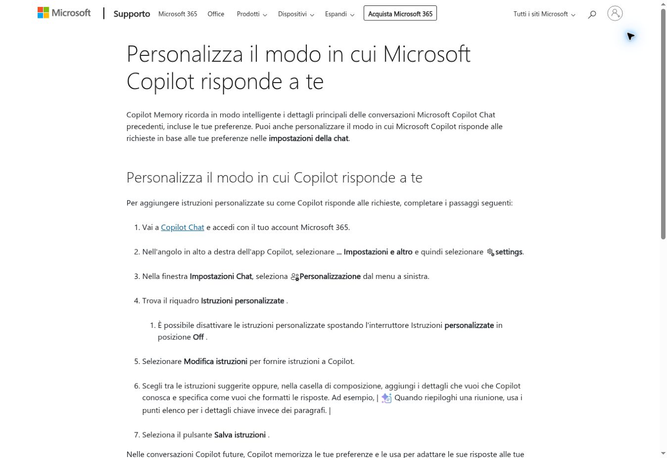 Schermata della guida ufficiale Microsoft sulle istruzioni personalizzate di Copilot