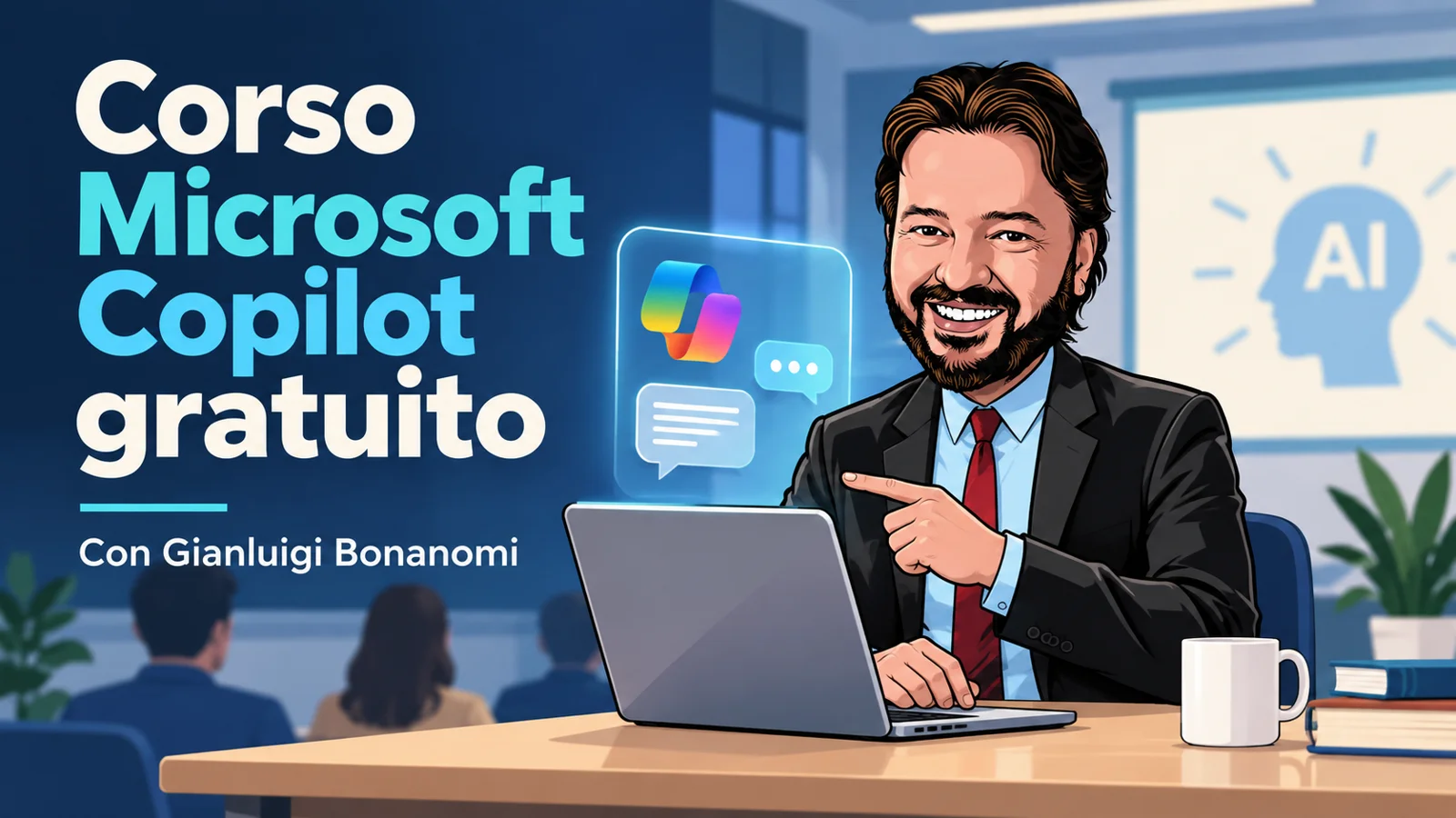 Gianluigi Bonanomi presenta il corso Microsoft Copilot gratuito, con il suo avatar accanto a un computer