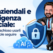 Dati aziendali e intelligenza artificiale: rischi e regole Avatar di Gianluigi Bonanomi con documenti e scudo: protezione dei dati aziendali nell’uso dell’intelligenza artificiale