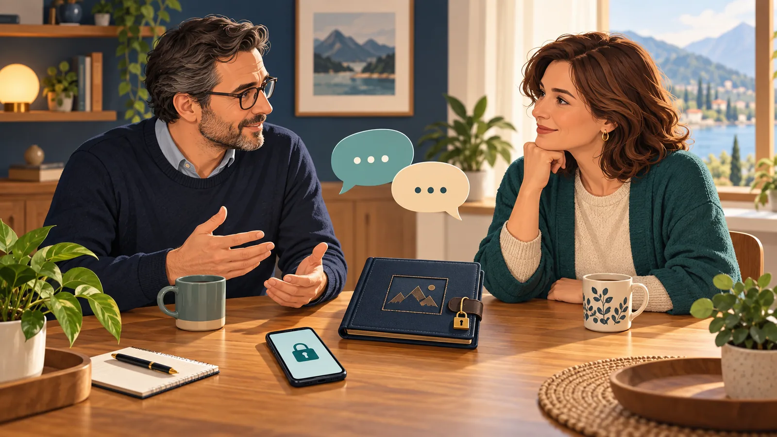 Due adulti discutono delle scelte di privacy, con uno smartphone e un album protetti da simboli di lucchetto
