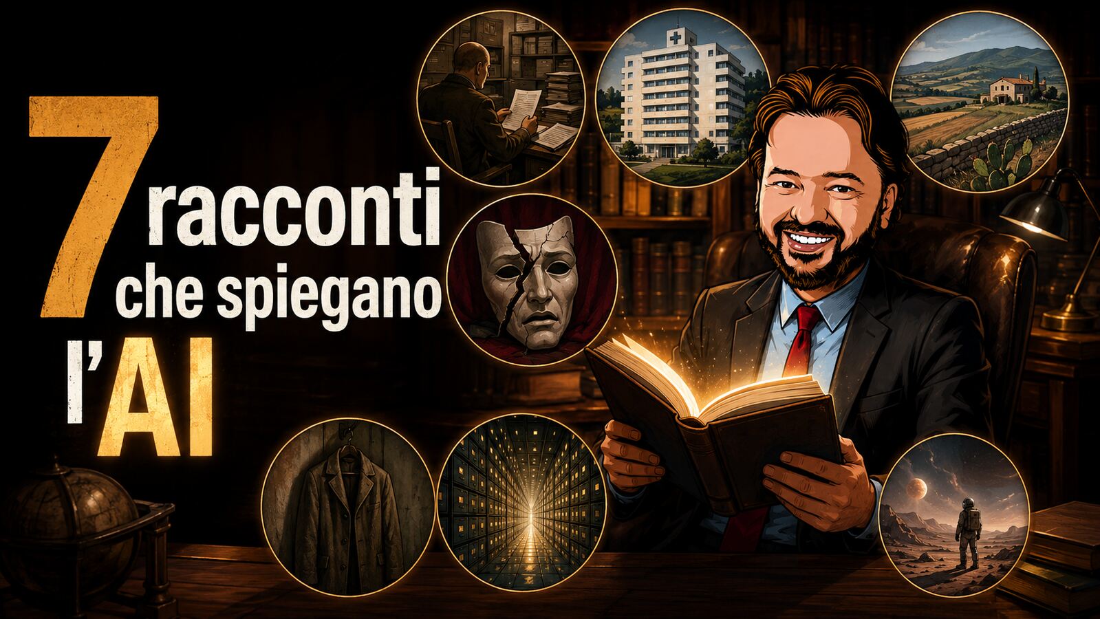 Avatar di Gianluigi Bonanomi con simboli di sette racconti letterari e intelligenza artificiale