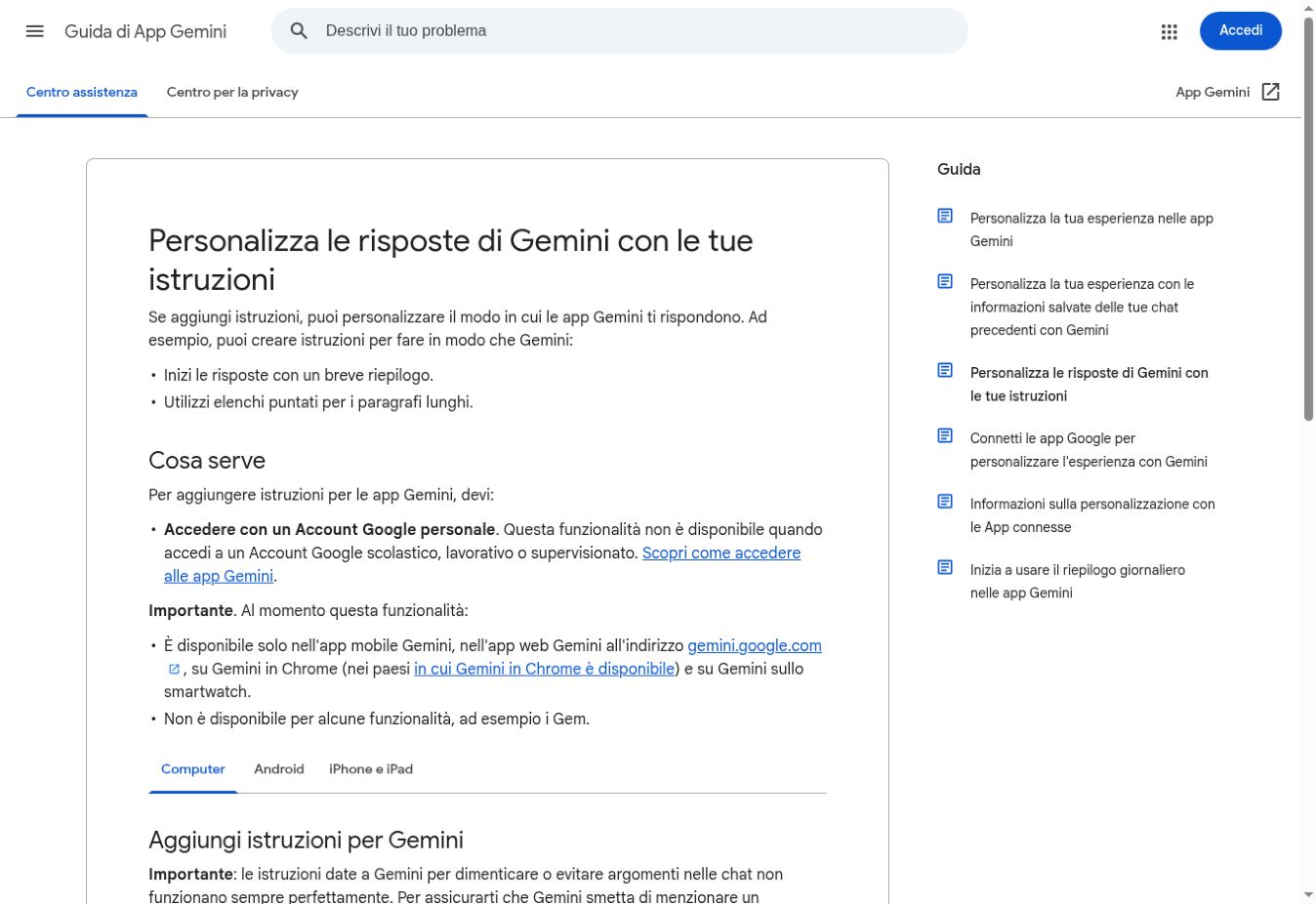 Schermata della guida ufficiale Google sulle istruzioni per Gemini