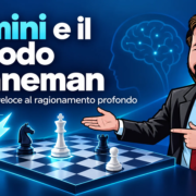Gemini e il metodo Kahneman Gemini e il metodo Kahneman: avatar di Gianluigi Bonanomi tra una saetta e una scacchiera, simboli di rapidità e analisi