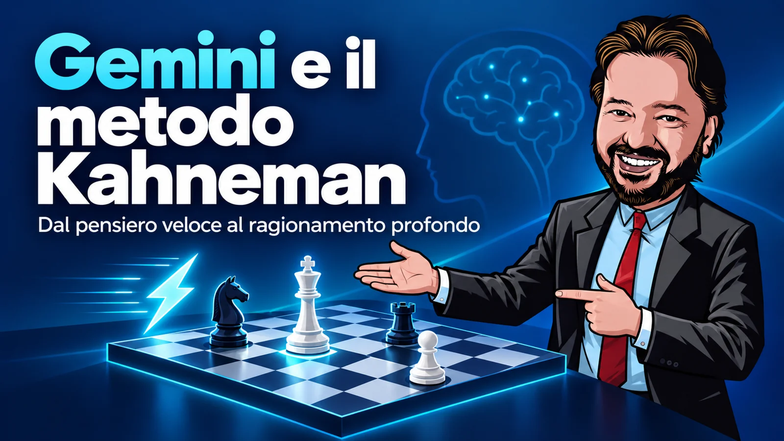 Gemini e il metodo Kahneman: avatar di Gianluigi Bonanomi tra una saetta e una scacchiera, simboli di rapidità e analisi