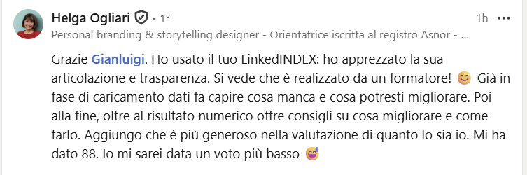 Screenshot del commento di Helga Ogliari su LinkedIn: la sua esperienza con LinkedINDEX