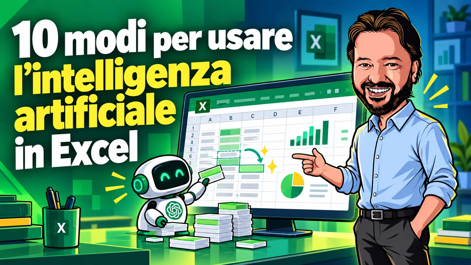 Avatar di Gianluigi Bonanomi e un robot illustrano l’intelligenza artificiale in Excel