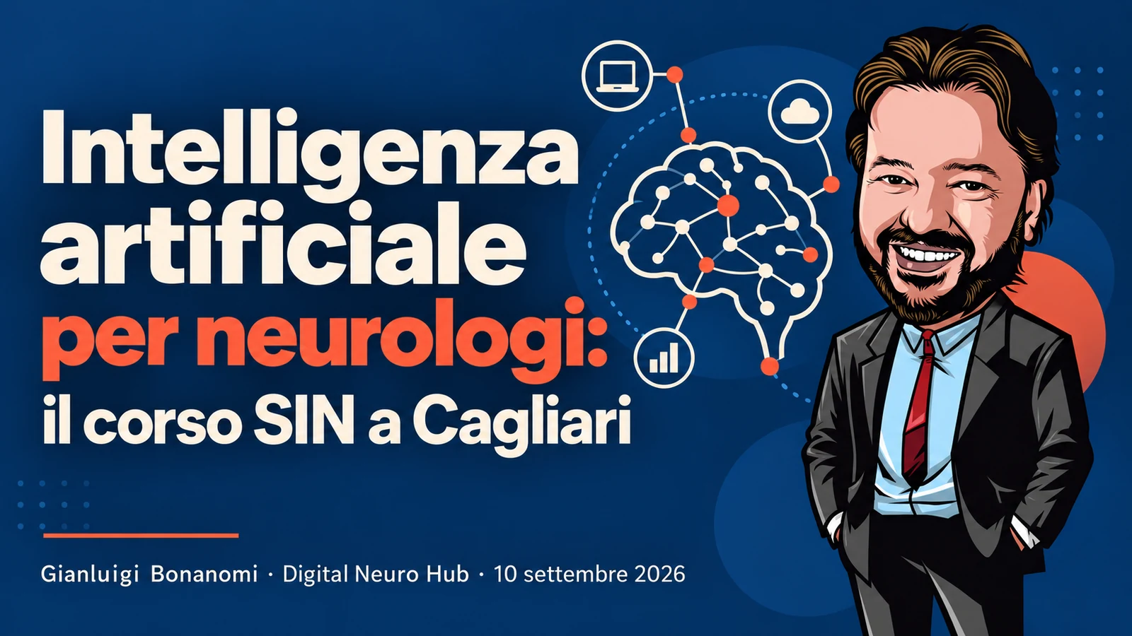 Copertina del corso SIN a Cagliari sull’intelligenza artificiale per neurologi, con l’avatar di Gianluigi Bonanomi