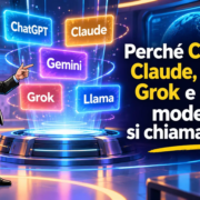 Perché ChatGPT, Claude, Gemini e Grok si chiamano così Copertina dell'articolo sui nomi dei modelli di intelligenza artificiale con Gianluigi Bonanomi