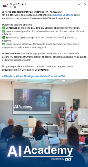 Post LinkedIn di Odpiù sul primo incontro AI Academy con Gianluigi Bonanomi