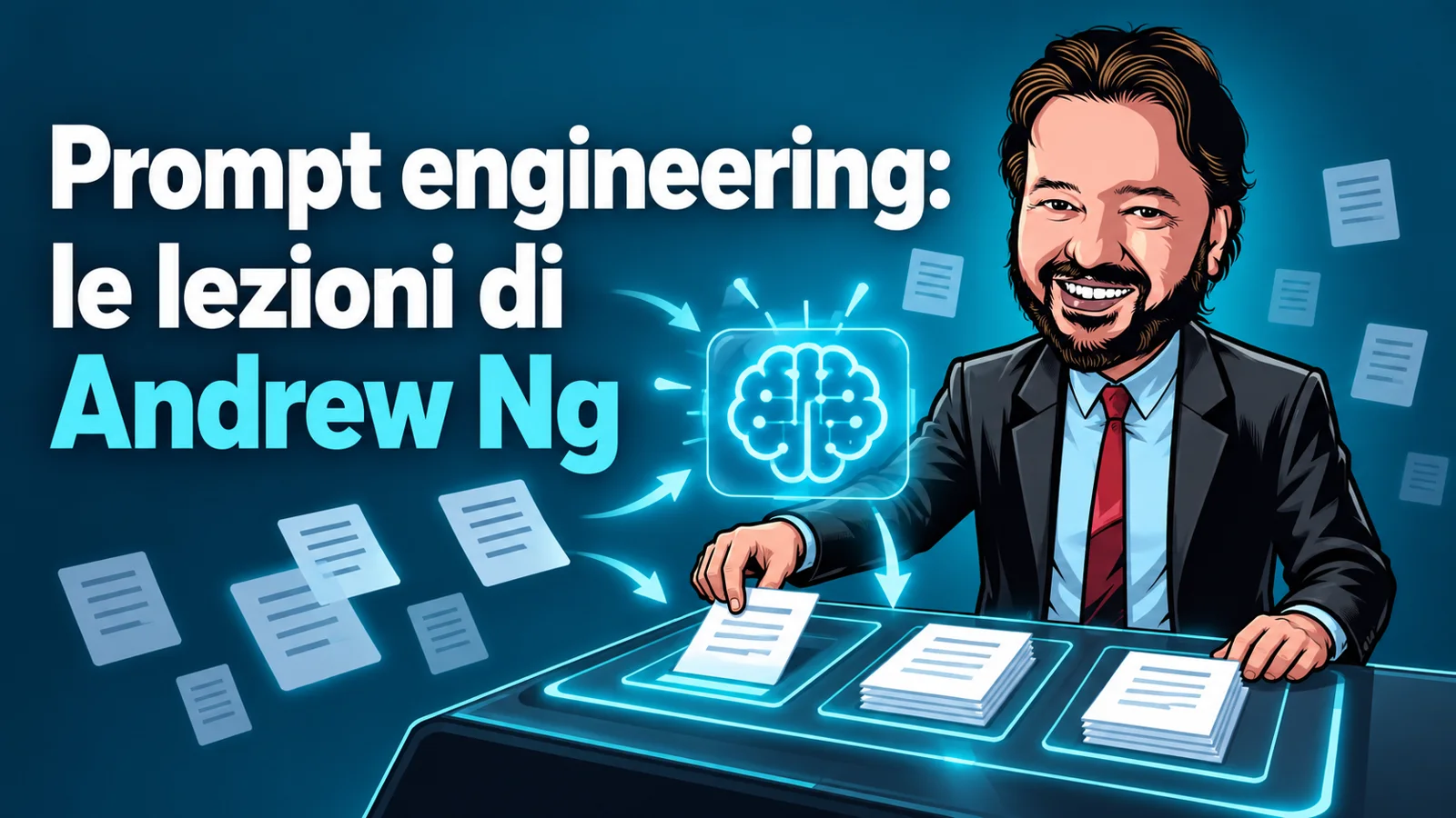 Prompt engineering: avatar di Gianluigi Bonanomi che organizza documenti per dare contesto all’intelligenza artificiale
