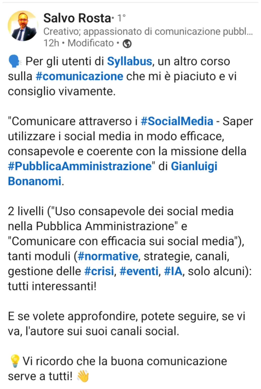 Recensione LinkedIn di Salvo Rosta sul corso social media per la Pubblica Amministrazione