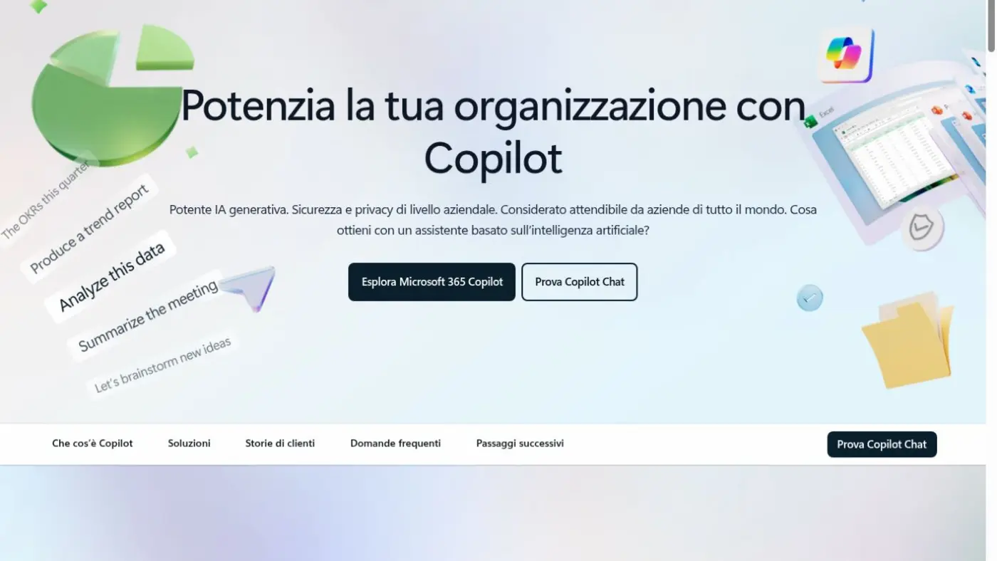 Pagina ufficiale di Microsoft Copilot con esempi d'uso e accesso a Copilot Chat