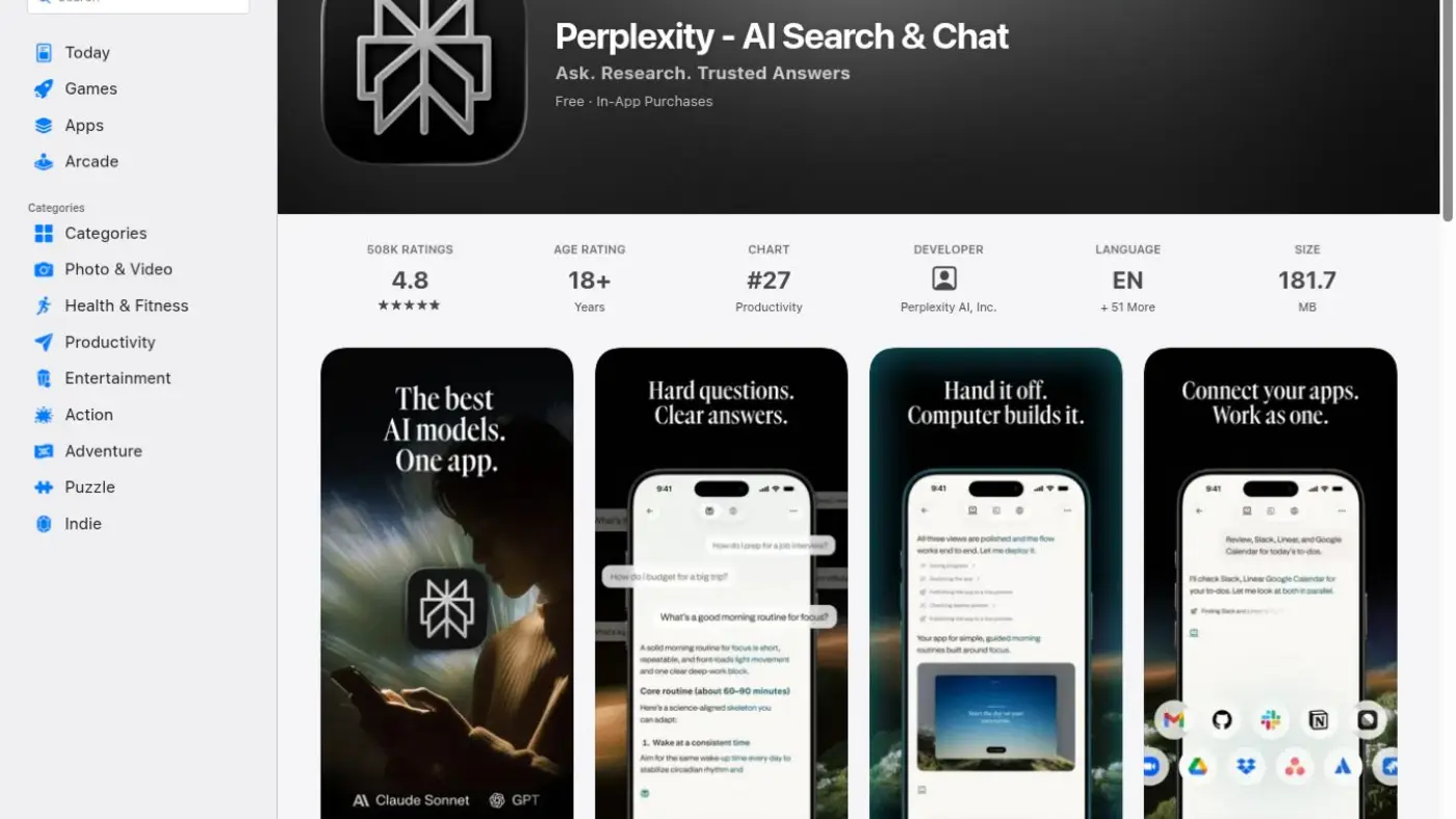 Schermate dell'app ufficiale Perplexity pubblicate sull'App Store
