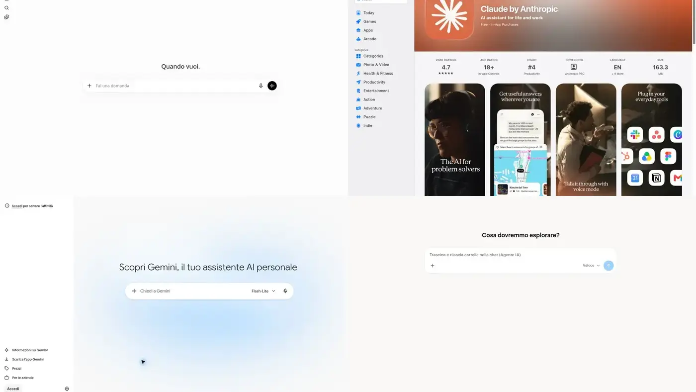 Confronto tra le interfacce ufficiali di ChatGPT, Claude, Gemini e Grok