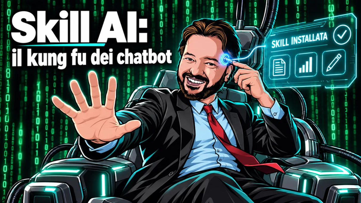 Avatar di Gianluigi Bonanomi installa una skill AI in una scena ispirata a Matrix