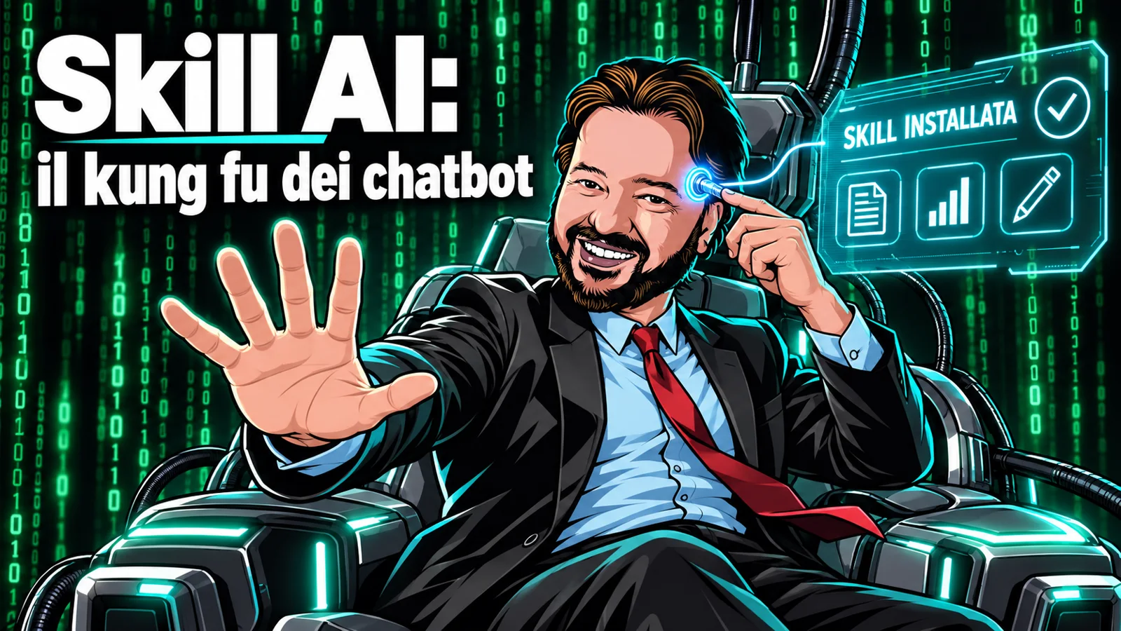 Avatar di Gianluigi Bonanomi installa una skill AI in una scena ispirata a Matrix