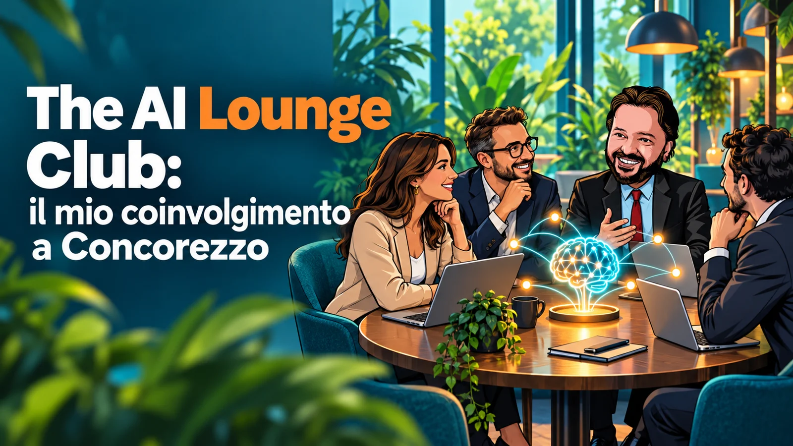 Avatar di Gianluigi Bonanomi con manager al tavolo di The AI Lounge Club, illustrazione sul confronto e il Second Brain