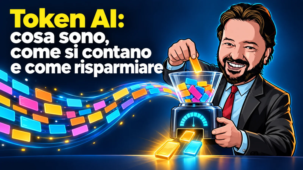 Avatar di Gianluigi Bonanomi con un contatore che trasforma frammenti di testo in token AI luminosi.