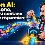 Token AI: cosa sono, come si contano e come risparmiare Avatar di Gianluigi Bonanomi con un contatore che trasforma frammenti di testo in token AI luminosi.