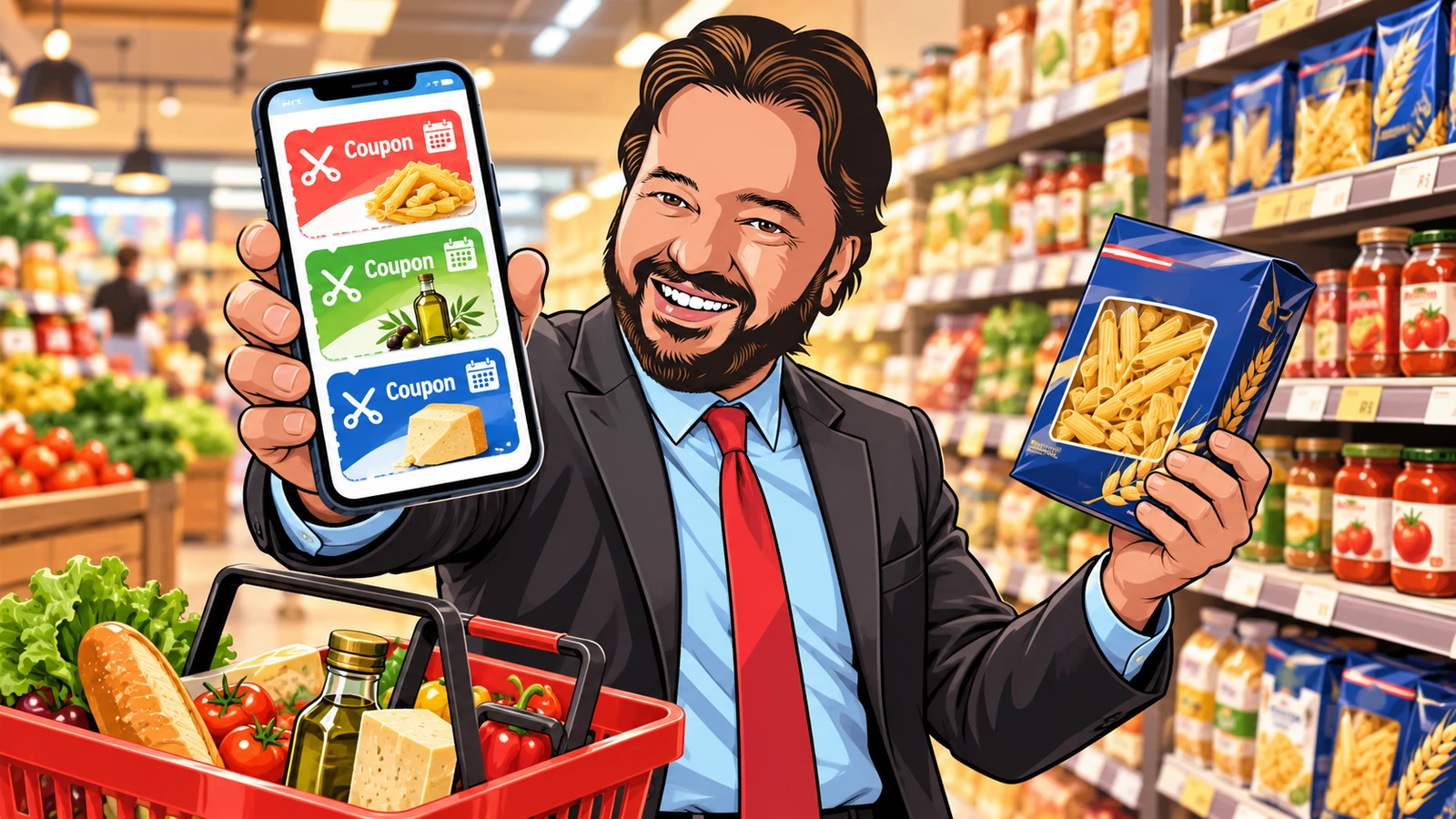 L’avatar mostra coupon digitali sul telefono mentre sceglie un prodotto al supermercato