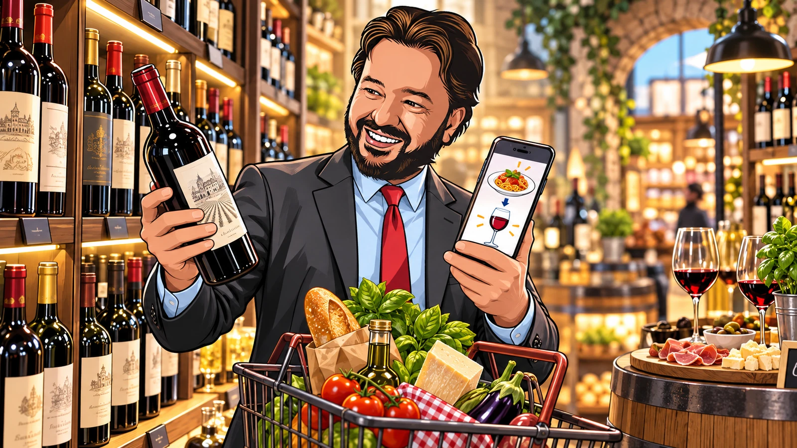 L’avatar confronta una bottiglia di vino con un suggerimento di abbinamento sullo smartphone