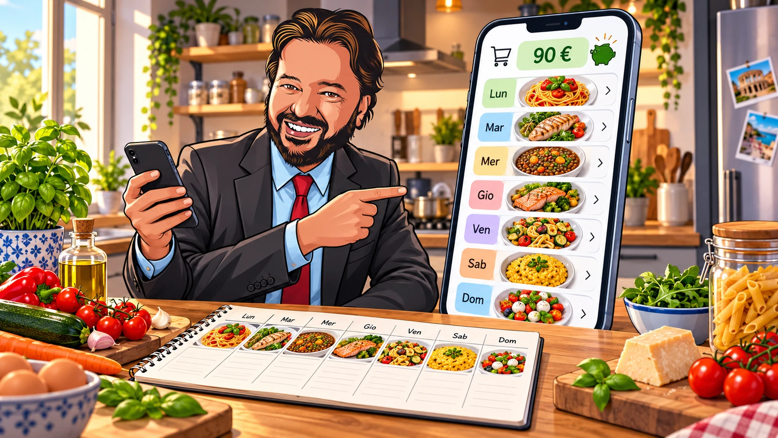 L’avatar mostra un menu settimanale e un budget sul telefono
