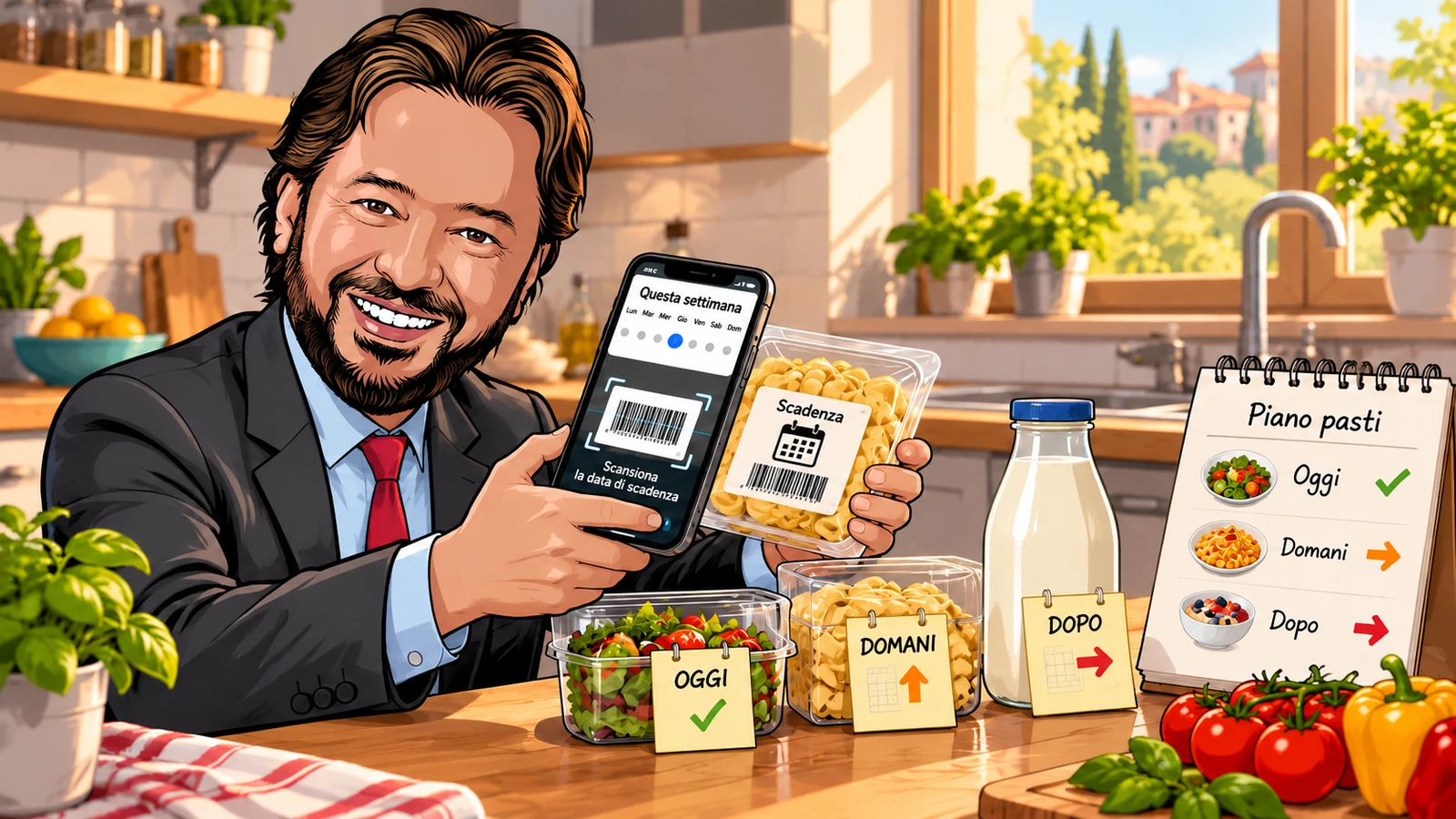 L’avatar mostra confezioni alimentari e un piano dei pasti ordinato per priorità