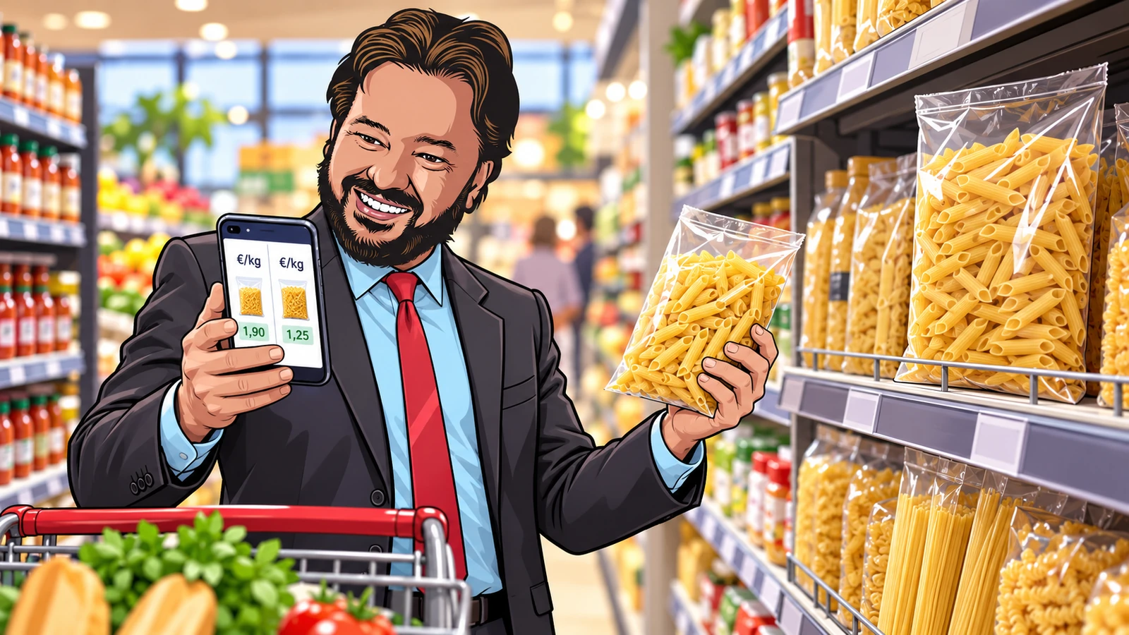 L’avatar confronta confezioni di pasta di dimensioni diverse e il prezzo al chilo